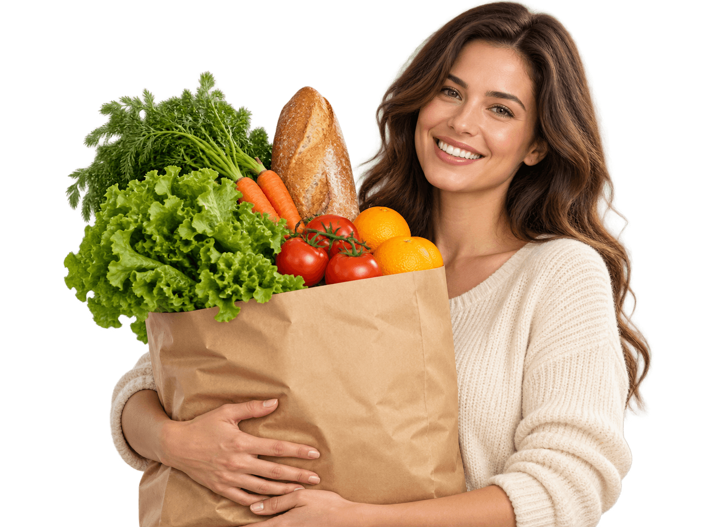 A shopper holding a bag of fresh vegetables, fruit and bread